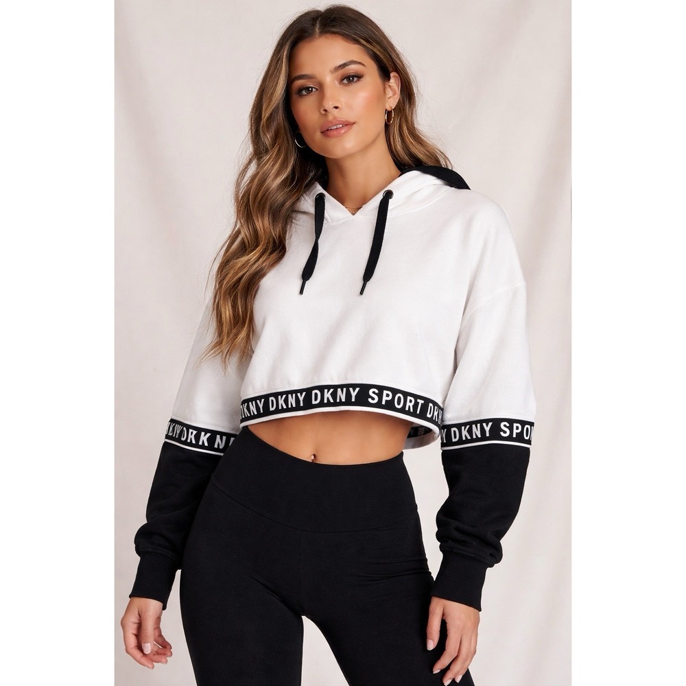 DKNY Sport Cropped Hoodie Sweatshirt Black & White Logo Band Women's Size Small